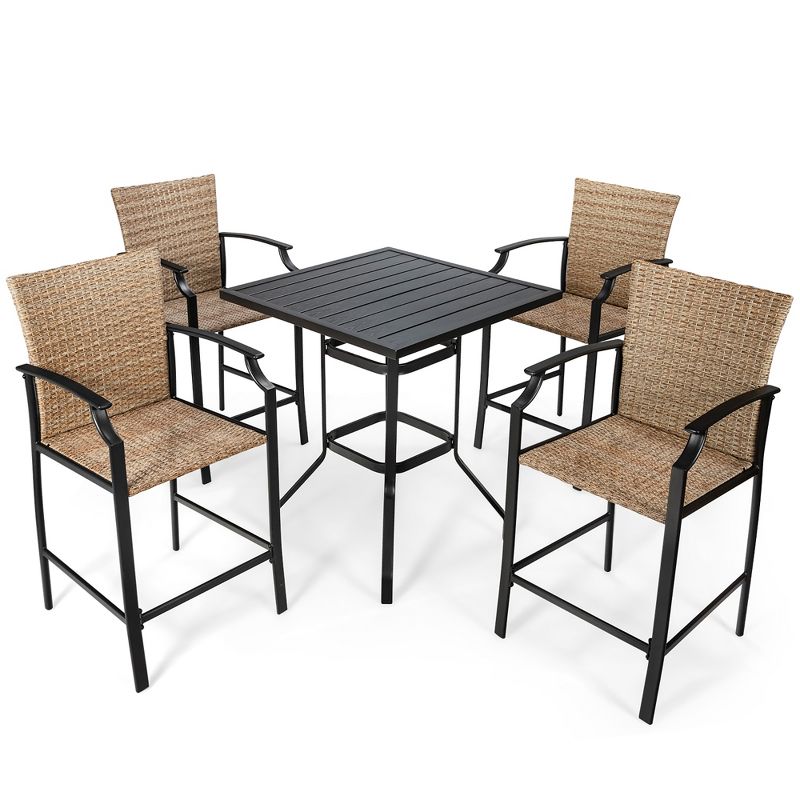 Costway 5PCS Outdoor Bistro Set Rattan Bar Stool Table Set with Cushions Steel Frame, 3 of 10