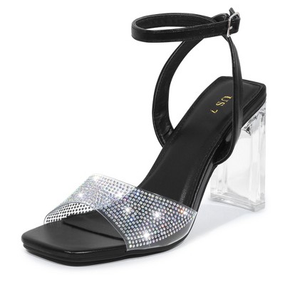 Allegra K Women's Rhinestone Clear Heeled Ankle Strap Sandals