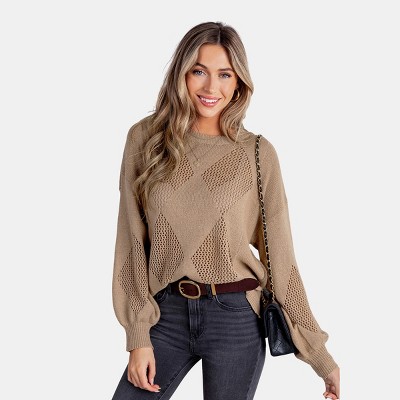 Women's Light Brown Round Neck Long Sleeve Sweater - Cupshe