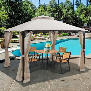 Costway 12' x 10' Outdoor Patio Gazebo Canopy Shelter Double Top Sidewalls Netting Brown\ Beige - 1 of 4