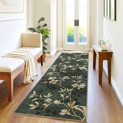 Washable Modern Leaves Printed Rug Non Slip Low Pile Rug Soft Botanical Pattern  Throw Floor Cover Foldable Indoor Carpet for Living Room Bedroom