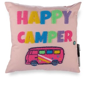 Memoi Girls Plush-Embroidered "Happy Camper" Autograph Pillow with Marker Peachy Pink One Size - 1 of 3