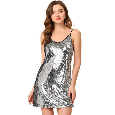 Allegra K Women's Glitter Sequin V Neck Spaghetti Strap Mini Party Dress - Silver