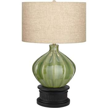 360 Lighting Gordy Modern Table Lamp with Black Round Riser 24 3/4" High Green Ribbed Ceramic Oatmeal Fabric Drum Shade for Bedroom Living Room Office