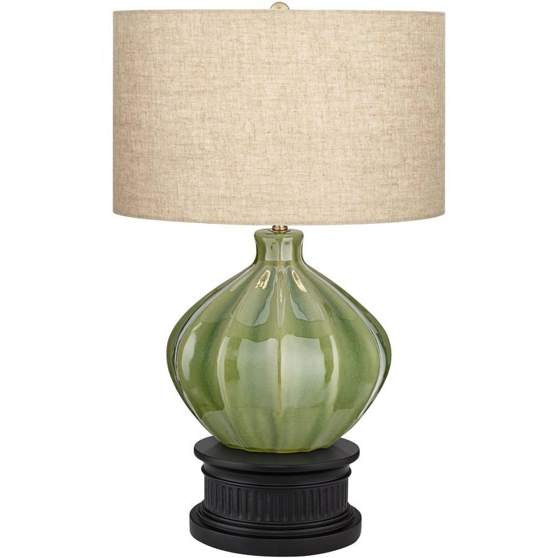 360 Lighting Gordy Modern Table Lamp with Black Round Riser 24 3/4" High Green Ribbed Ceramic Oatmeal Fabric Drum Shade for Bedroom Living Room Office, 1 of 9
