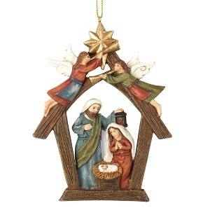 Rustic Brown Creche with Angel Nativity 4.5 x 3.5 Resin Decorative Hanging Ornament - 1 of 4