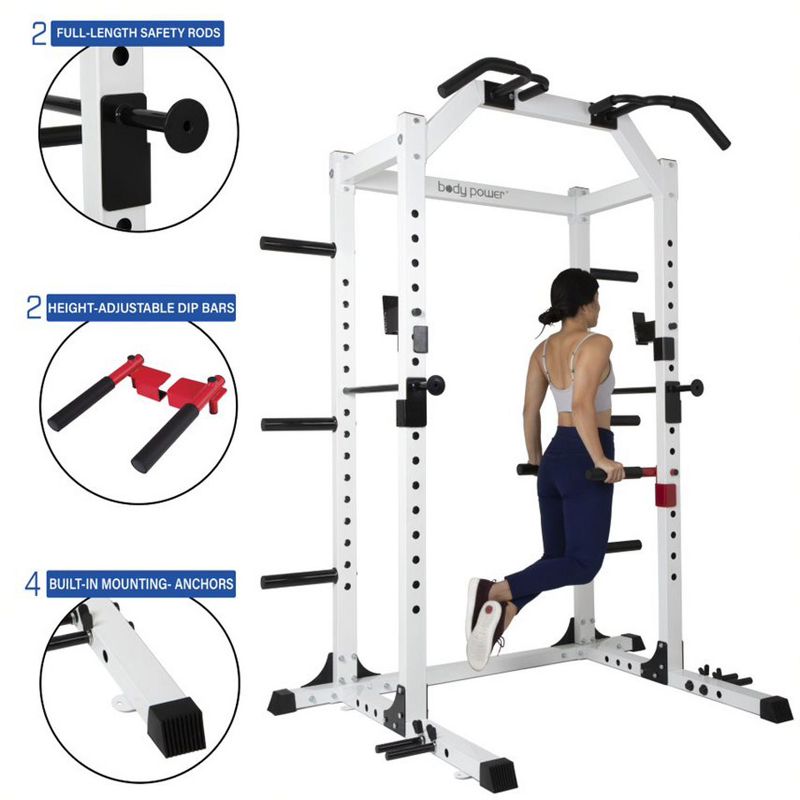Body Power SMU6200 Weightlifting Deluxe Home Gym Exercise Power Rack Cage System with Dip Bar Attachments, Bar Catches, and Safety Rods, White, 4 of 6