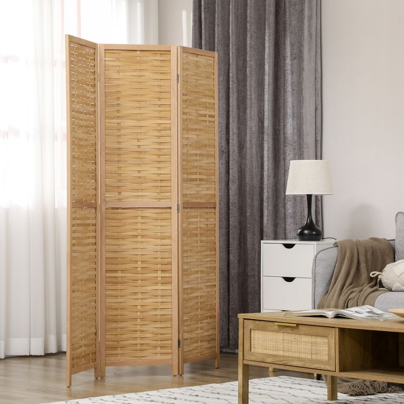HOMCOM Room Divider, 5.5' Tall Bamboo Portable Folding Privacy Screens, Hand-Woven Double Side Partition Wall Dividers for Home, Natural, 3 of 7