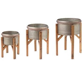 Plow & Hearth Galvanized Planters with Wooden Stands, Set of 3