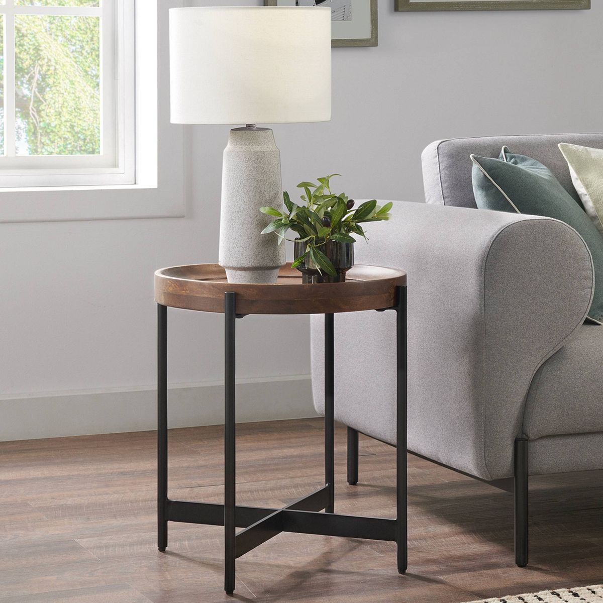 20" Brookline Round End Table Medium Chestnut - Alaterre Furniture: Chic Industrial, Fixed Tray Top - thumbnail 5