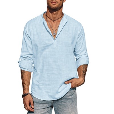 COOFANDY Men's Casual Beach Cotton Linen Henley T-Shirts Sky Blue L