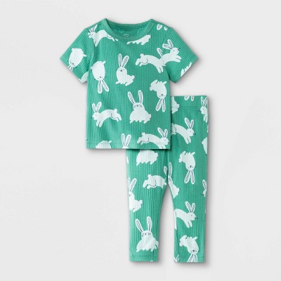 Image of Baby Boys' 2pc Bunny Rib Short Sleeve Top & Bottom Set - Cat & Jack™ Green Newborn