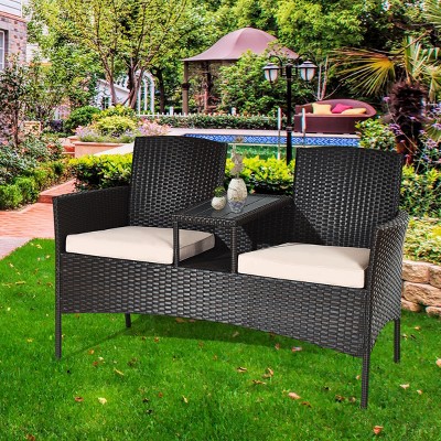 Costway Patio Rattan Chat Set Loveseat Sofa Table Chairs Conversation Cushioned