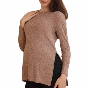 Casual Maternity Long Sleeve Ribbed Top, Side Slit Pregnancy Tunic, Loose Fit Maternity Knit Shirt - 1 of 4