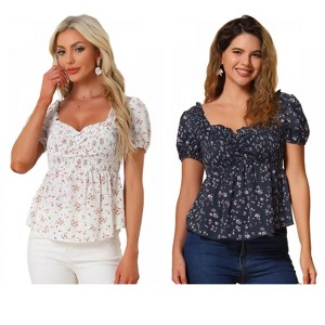 INSPIRE CHIC Women's Short Sleeve Floral Sweetheart Neck Shirred Ruffle Peasant Top 2 Packs - 1 of 4