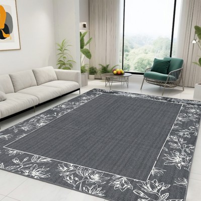 Washable Modern Bordered Rug Non Slip Low Pile Rug Soft Floral Throw Floor Cover Foldable Indoor Carpet for Living Room Bedroom Playroom Nursery