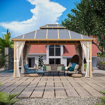 12x14ft Faux Wood Aluminum Hardtop Gazebo with Curtains