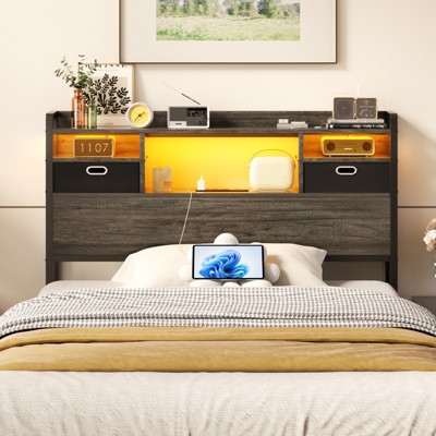 Aheaplus Storage Headboard with Power Outlet and RGB LED Lights, Head Board with Fabric Drawers