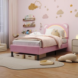 Twin Bed Frame for Kids, Upholstered Platform Bed Frame with Adjustable Headboard & Led Light, Wooden Slats Support, No Box Spring Needed - 1 of 4