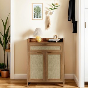 Shoe Cabinet, Wooden Storage Cabinet with Doors and Drawer, Rattan Buffet Cabinet Sideboard with Adjustable Shelf - 1 of 4