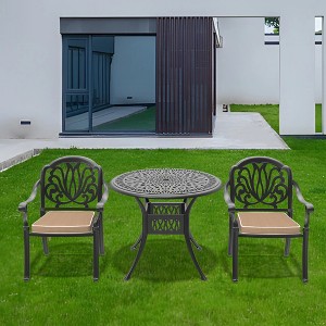 Gulches 3-Piece Cast Aluminum Patio Furniture Set with Brown Cushions - Weather-Resistant, Stackable Design with Exquisite Carvings - 1 of 4