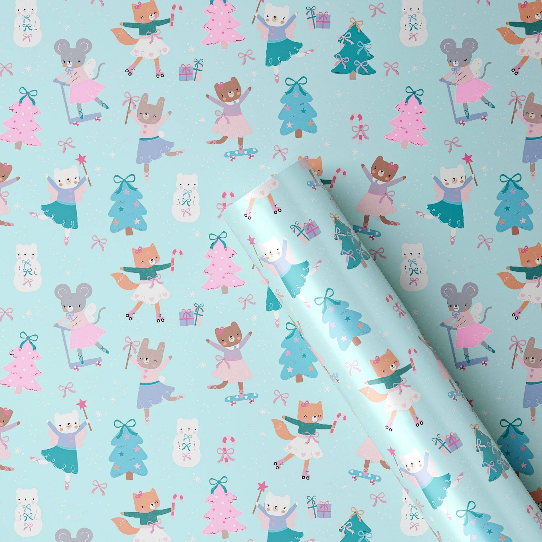 30" 50 sq ft Christmas Roll Wrap Animal Ballerina on Light Blue - Wondershop™