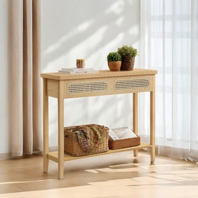 Oak Beige Particle Board Console Table with Storage Drawers