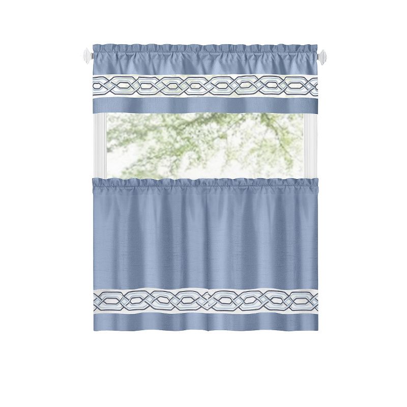 Kate Aurora Pacifico Complete 3 Piece Rod Pocket Embroidered Tier & Valance Kitchen Curtain Set, 1 of 4