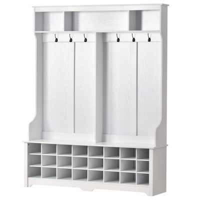60" Hall Tree Modern Hallway Coat Rack, Hallway Coat Rack with Metal Black Hooks, Ample Storage Space and 24 Shoe Cubbies for Entryway Bench Bedroom