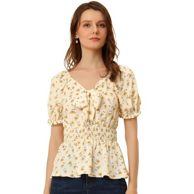 Allegra K Women's Summer Tie Neck Short Sleeve Smocked Waist Floral Print Blouses