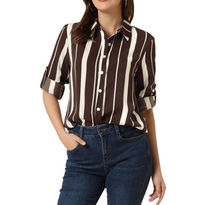 INSPIRE CHIC Women's Striped Button Down Roll-up Long Sleeves Point Collar Shirt