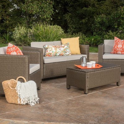 Outdoor 4 Pieces Garden Furniture Set,Rattan Metal Sectional Sofas with Cushions,Wiker Patio Conversation Sets with Coffee Table-Coolbibila