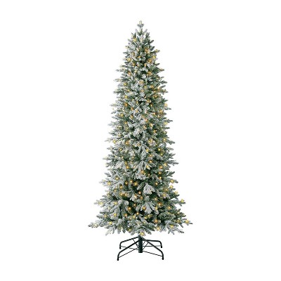 Evergreen Classics 7 Foot Pre Lit Overlight Flocked Redwood Pine Artificial Holiday Tree with White Dimmable LED Lights and Remote