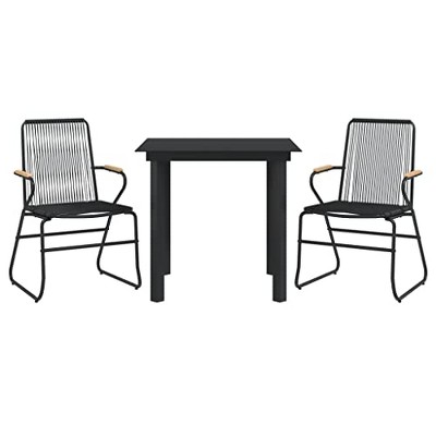 vidaXL 3-Piece Patio Dining Set - Black PVC Rattan with Powder-Coated Steel Frame and Solid Teak Wood - Includes Glass Table and Comfortable Chairs