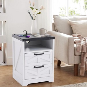 Farmhouse End Table, 2-Pack with Charging Station - 2 AC Outlets & USB-C, Nightstand with Drawer for Bedroom, White - 1 of 4
