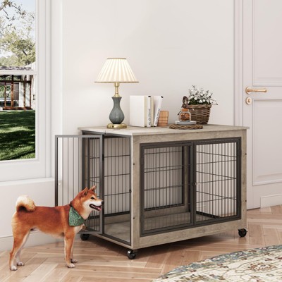 Dog Crate Furniture, Side End Table, Modern Wooden Kennel with Doors, Top Opening and Closing & Bottom Wheels for Medium Large Dogs up to 70 lb