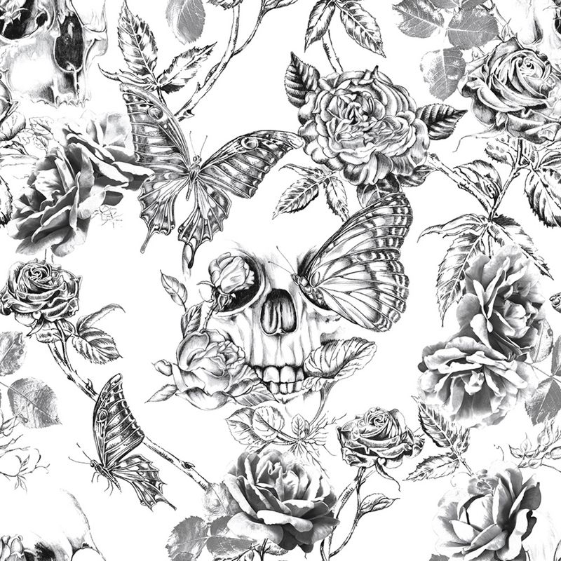 Skull Roses Black and White Floral Animals Paste the Wall Wallpaper, 1 of 5