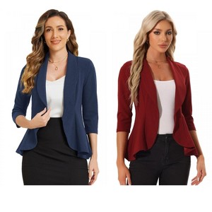 INSPIRE CHIC Women's Draped Collar 3/4 Sleeve Ruffle Hem Work Office Open Front Blazer 2 Packs - 1 of 4
