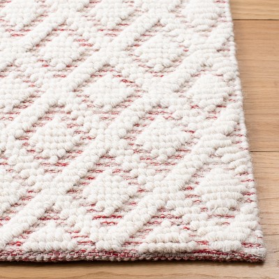 Ivory and Red Hand-Knotted Wool Rectangular Area Rug