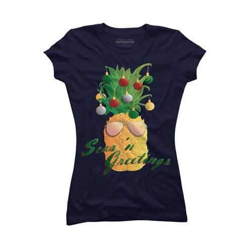 Junior s Design By Humans Christmas Pineapple By Desdymona T Shirt Navy 2X Large