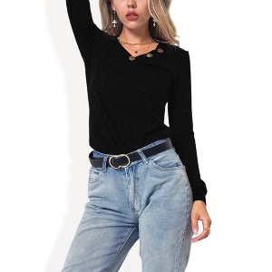 Anna-Kaci Women's Long Sleeve Knit Top with Asymmetrical Button Detail and Ribbed Texture - 1 of 4