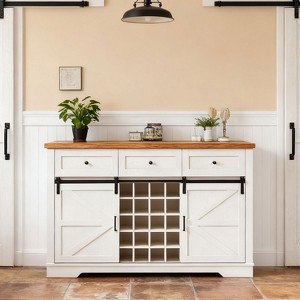 KTMBDW Farmhouse, Wine Bar Cabinet with Sliding Barn Door, 58 Inch Coffee Bar with 3 Drawers & 20 Racks, Buffet Cabinet for Kitchen, Antique White - 1 of 4