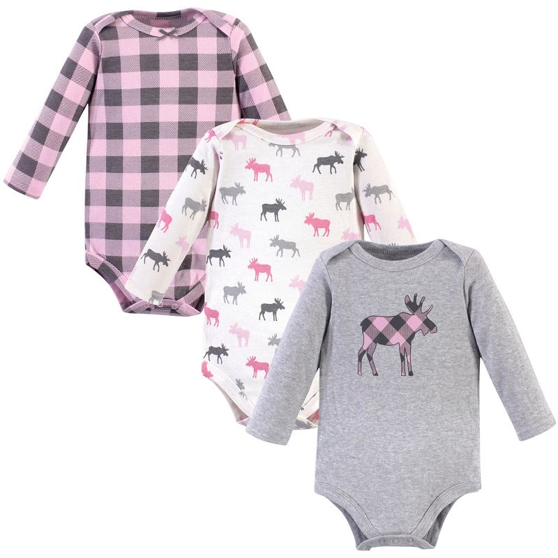 Hudson Baby Infant Girl Cotton Long-Sleeve Bodysuits, Pink Moose, 1 of 6