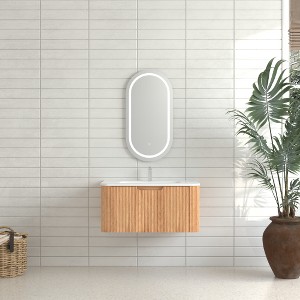Lyngins Wall-Mounted Floating Bathroom Vanity with Sink & Soft-Close Drawer, Pre-Assembled Curved Edge Storage Bathroom Cabinet in Natural Walnut - 1 of 4