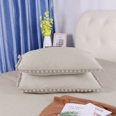 Beige Microfiber Queen Duvet Cover Set with Pompon Tassels