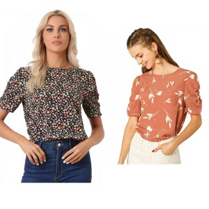 Allegra K Women's Floral Summer Crew Neck Casual Shirred Short Sleeve Blouse 2 Pcs - 1 of 4