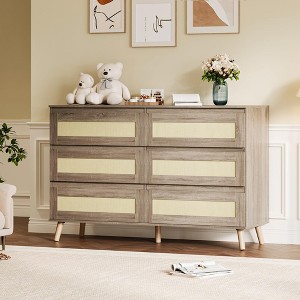 47.2" Large Double Dresser, Rattan 6 Drawer Dresser with Deep Drawers, Wooden Chest of Drawers with Storage, for Entryway Hallway Living Room - 1 of 4