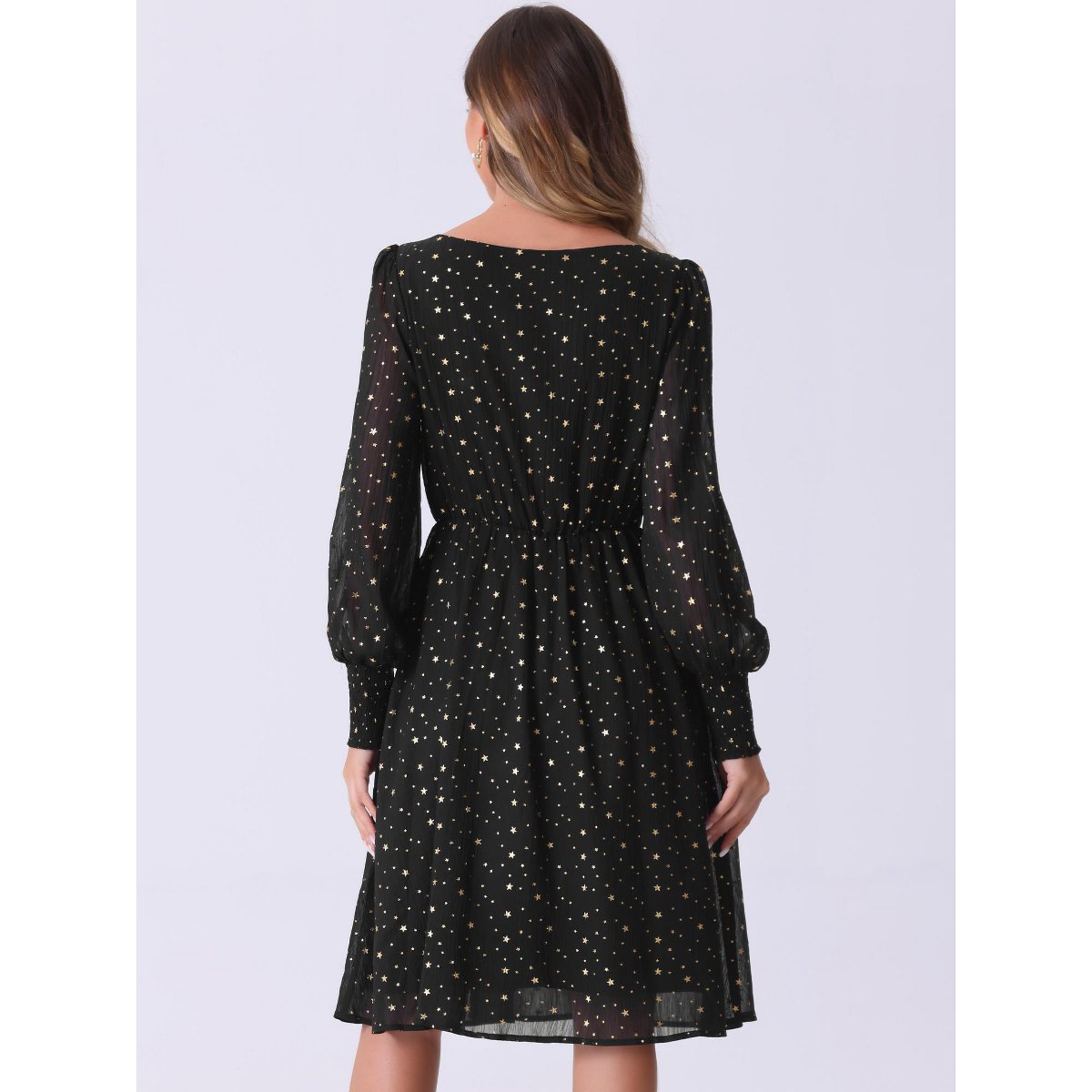 Женские платья INSPIRE CHIC Women's Puff Long Sleeve Elastic Waist Glitter Stars Boat Neck Mesh Dress Black X-Large — фото 4