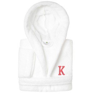 Personalized Linum Kids 100% Polyester SUPER PLUSH Double Brushed Hooded Bathrobe in Pink Bookman Font - 1 of 3
