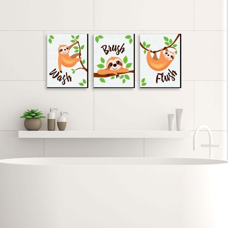 Big Dot of Happiness Let's Hang - Sloth - Kids Bathroom Rules Wall Art - 7.5 x 10 inches - Set of 3 Signs - Wash, Brush, Flush, 2 of 8